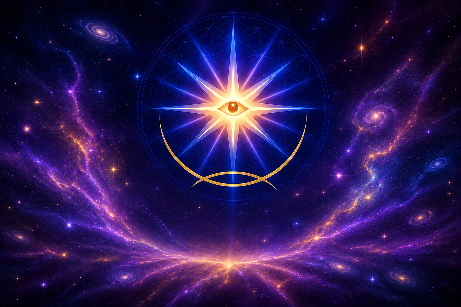 A luminous inner star and eye held within a golden crescent against a cosmic background.