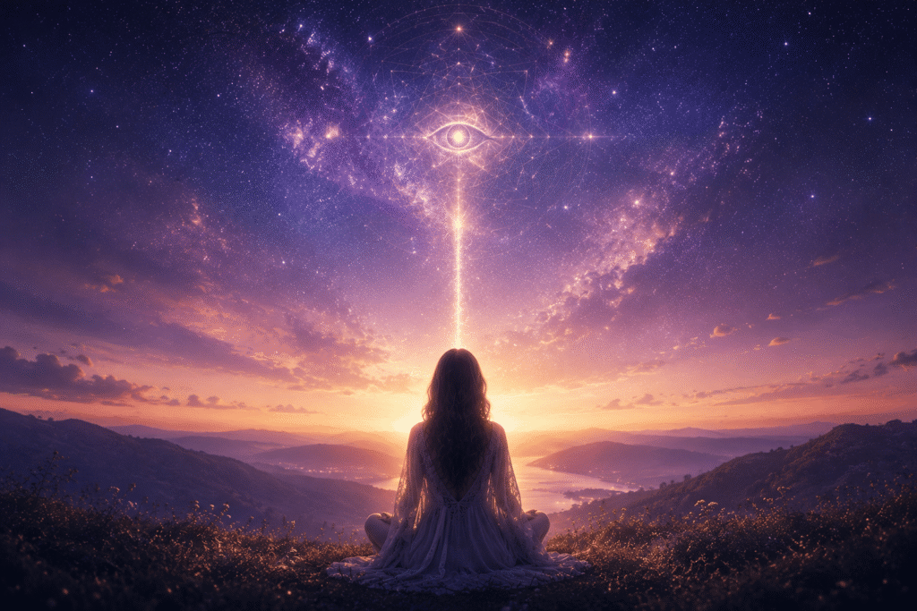 A woman meditating beneath a beam of starlight in a cosmic landscape.