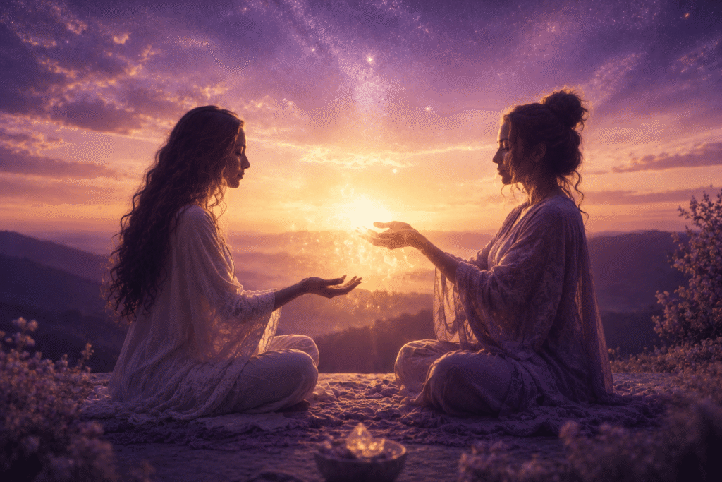 Two women connecting in a peaceful, luminous landscape at sunset.