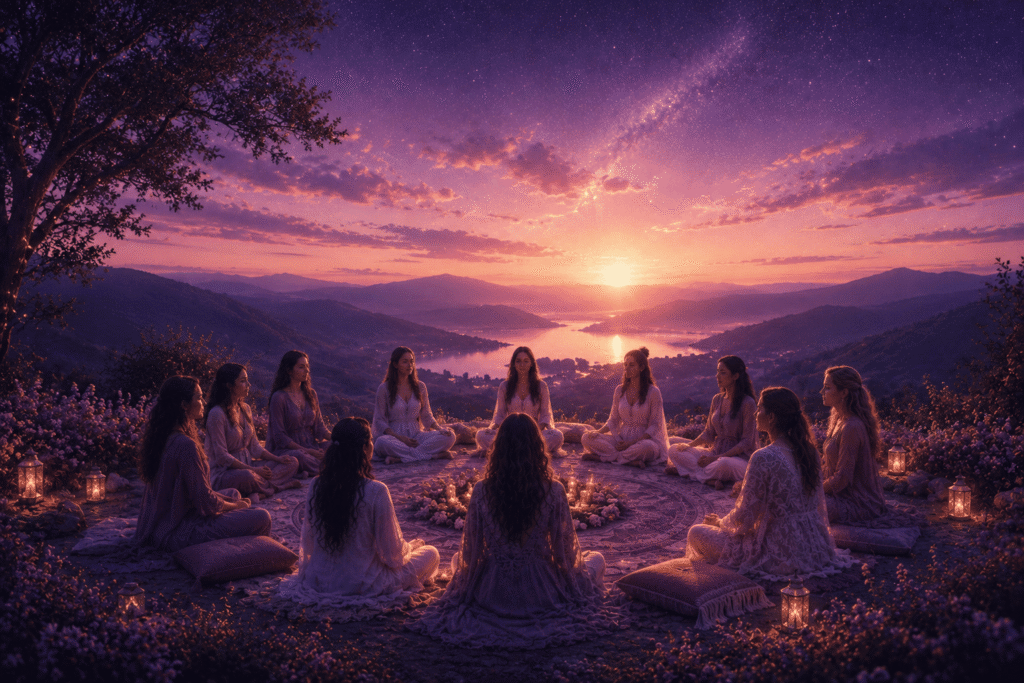 A circle of women gathered together at sunset beneath a starry sky.